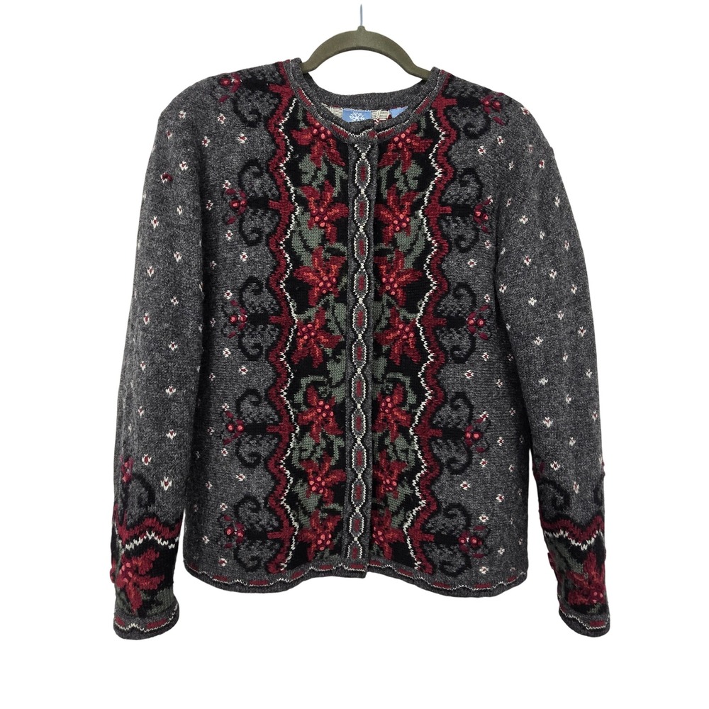 Vintage 90s Y2K Nordic Floral Cardigan Sweater Women M Gray Wool Blend Fair Isle